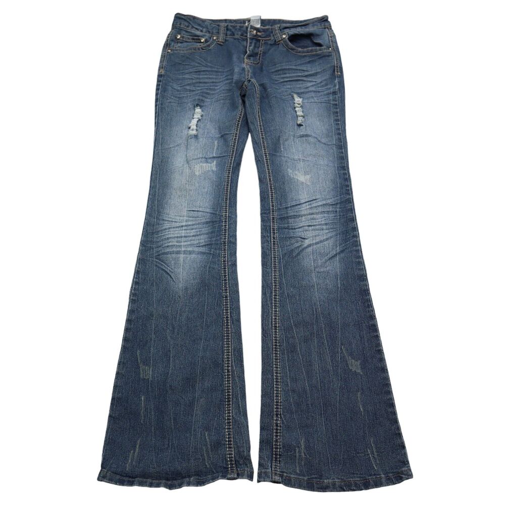 Klip Jeans Pants Womens 5 Blue Low Rise 5 Pocket Distressed Flare Leg